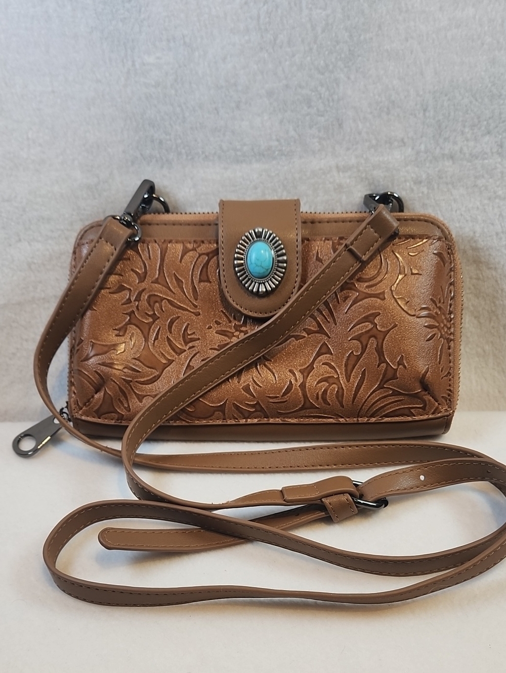 Brown Tooled Crossbody Bag with Turquoise Concho